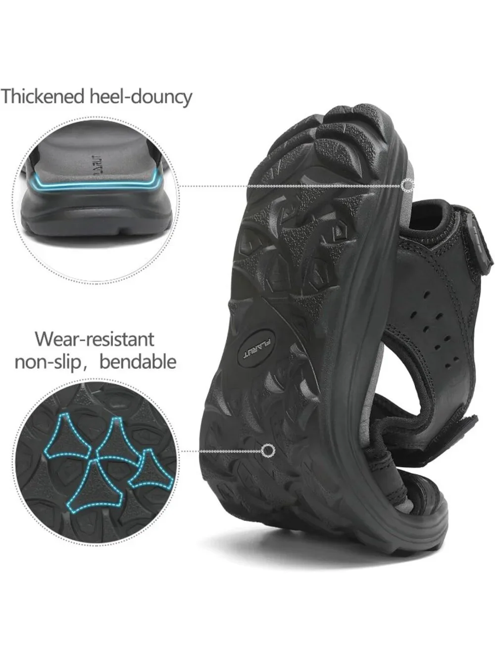 Men's All Black Adjustable Open Toe Leather Athletic Sport Hiking Sandal Shoes
